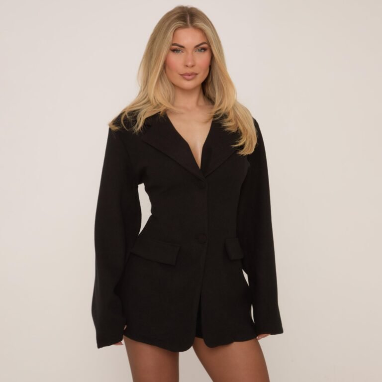 Long Sleeve Pocket Detail Wool Look Blazer Playsuit In Black, Women’s Size US 2