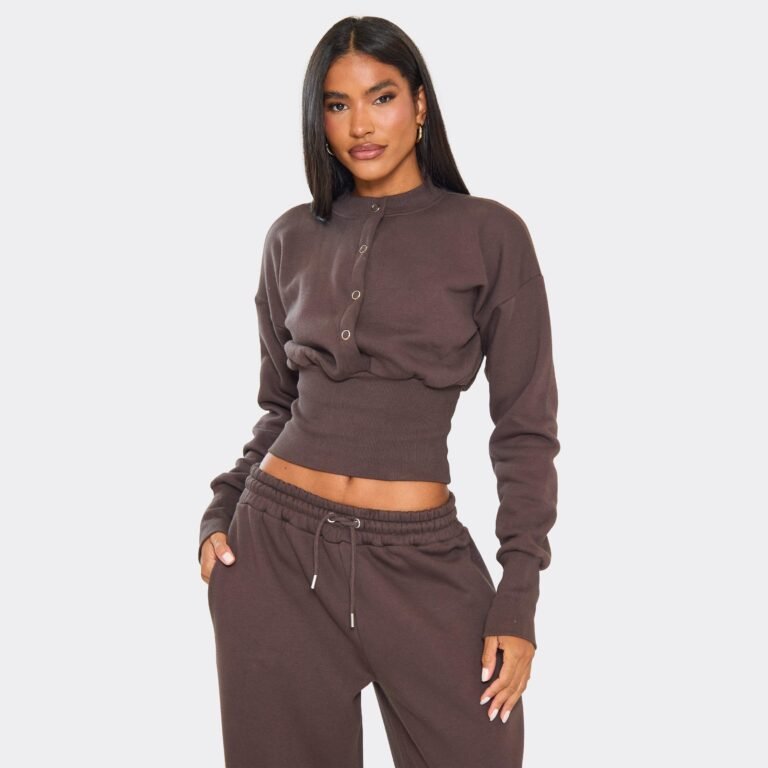 Long Sleeve Popper Detail Cinched Waist Sweatshirt In Chocolate Brown, Women’s Size US 0