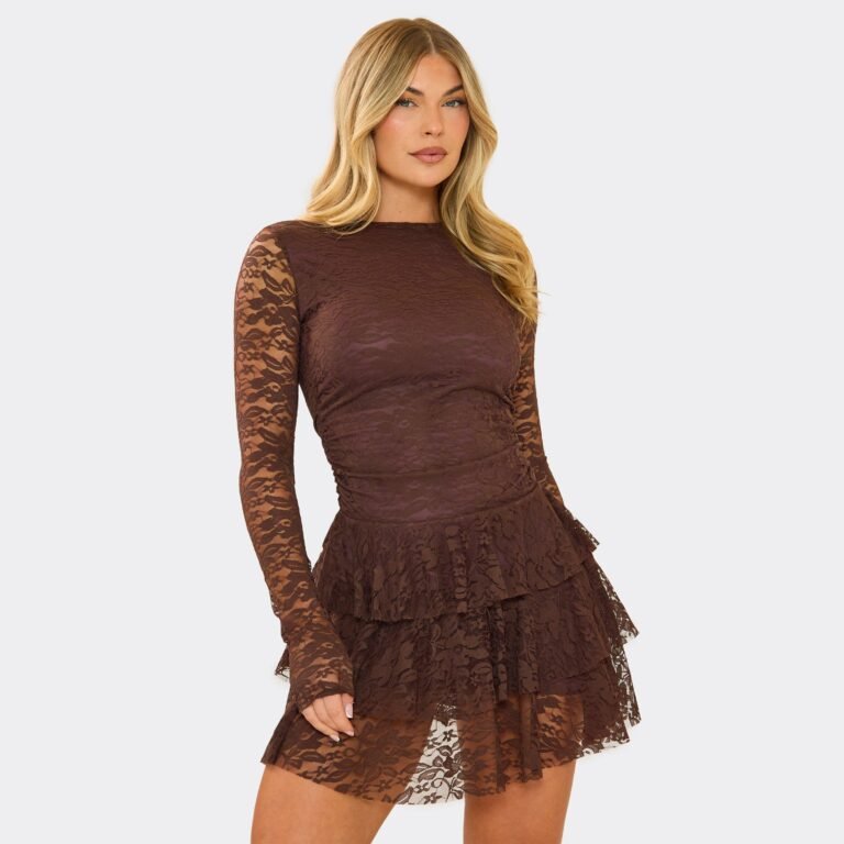 Long Sleeve Ruffle Hem Detail Mini Dress In Chocolate Brown Mesh, Women’s Size US 2