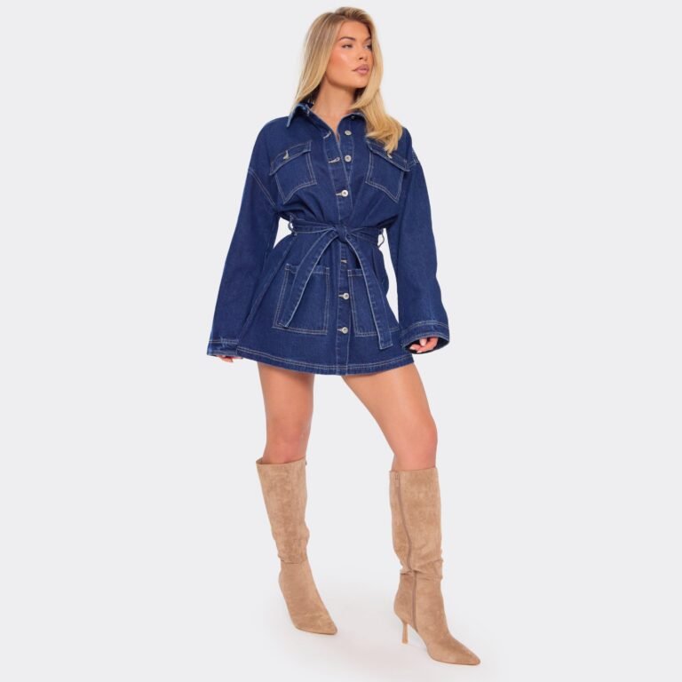 Long Sleeve Tie Waist Detail Jacket Dress In Mid Blue Denim, Women’s Size US 2