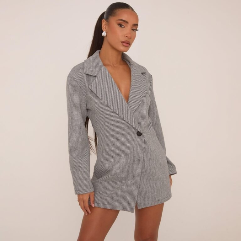 Long Sleeve Wool Look Asymmetric Blazer Playsuit In Grey, Women’s Size US 2