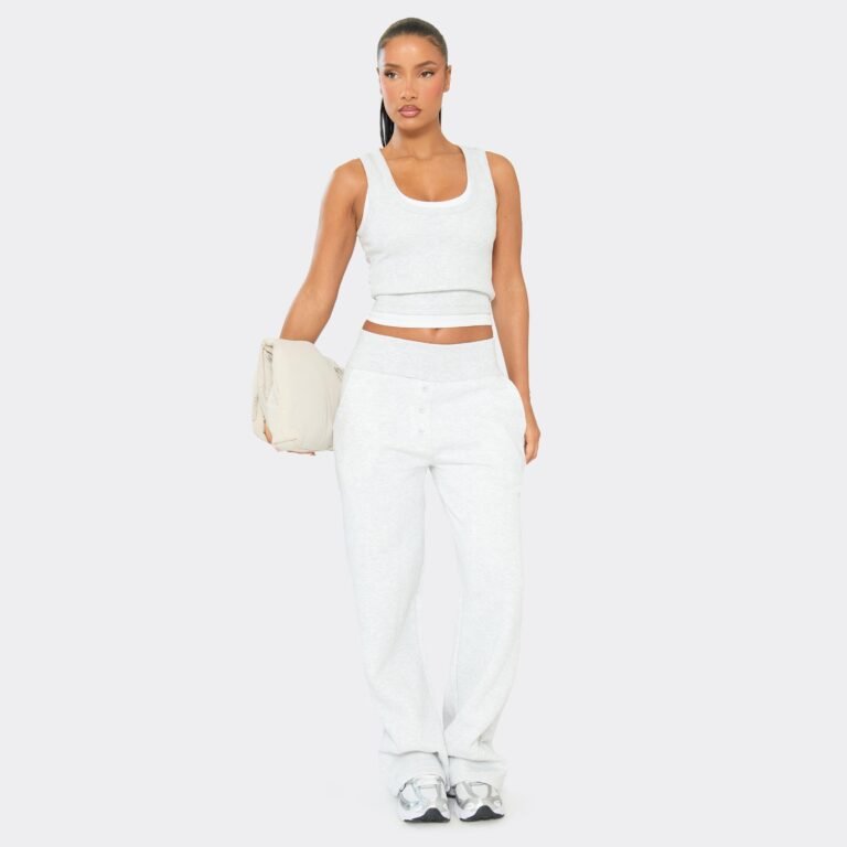 Low Rise Button Detail Straight Light Joggers In Light Grey Marl, Women’s Size US 2