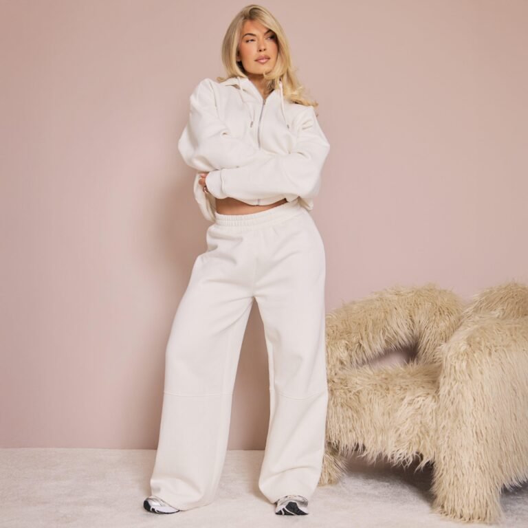 Low Rise Seam Detail Wide Leg Joggers In Cream, Women’s Size US 6