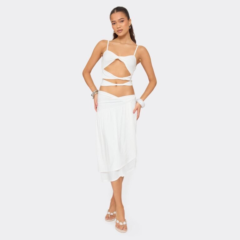 Low Rise Side Split Detail Midi Skirt In White, Women’s Size US 4