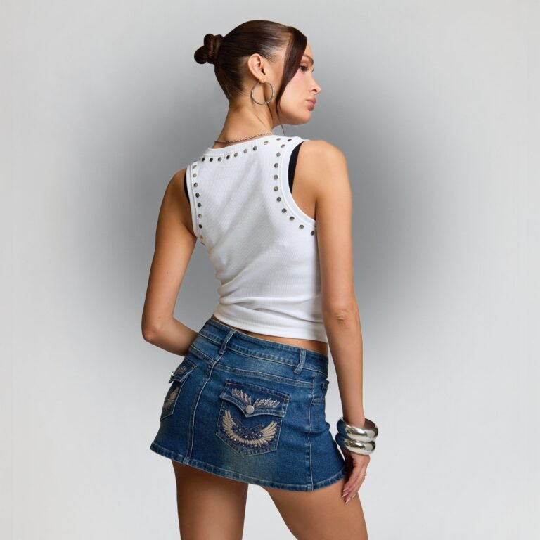 Low Rise Wing Back Detail Mini Skirt In Blue Denim, Women’s Size US 2