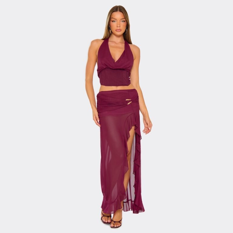 Low Waist Ruched Trim Detail Maxi Skirt In Plum, Women’s Size US 10