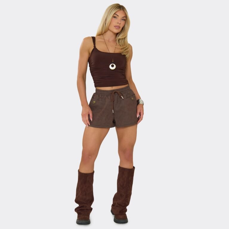 Mid Rise Drawstring Waist Detail Mini Shorts In Brown Wet Look, Women’s Size US 2