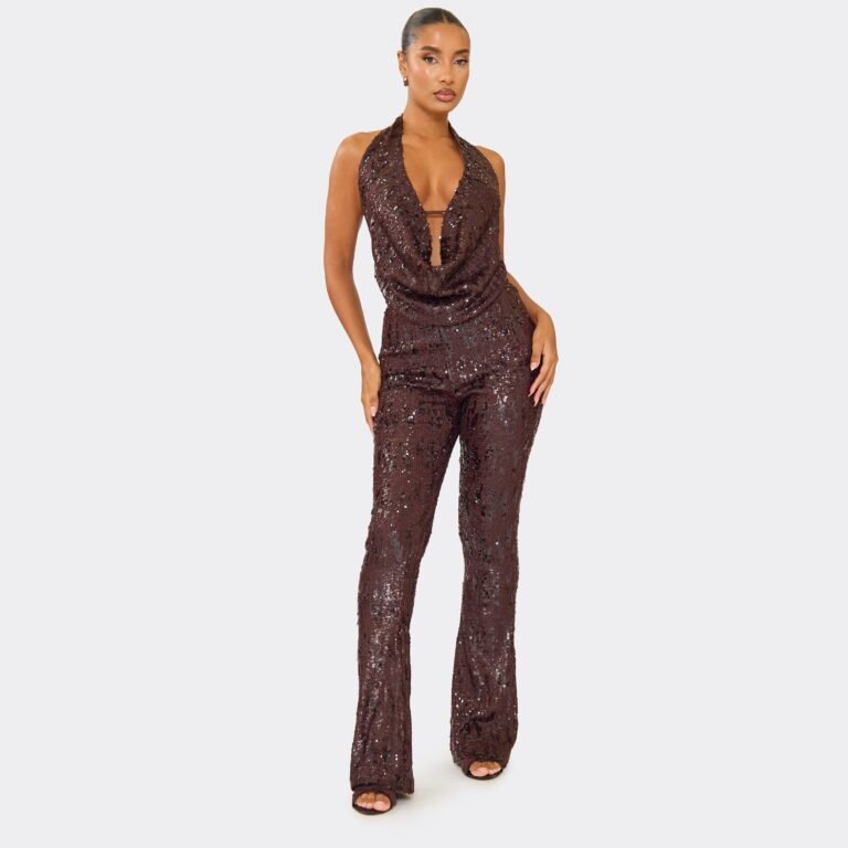 Mid Rise Flared Trousers In Chocolate Brown Sequin, Women’s Size US 4