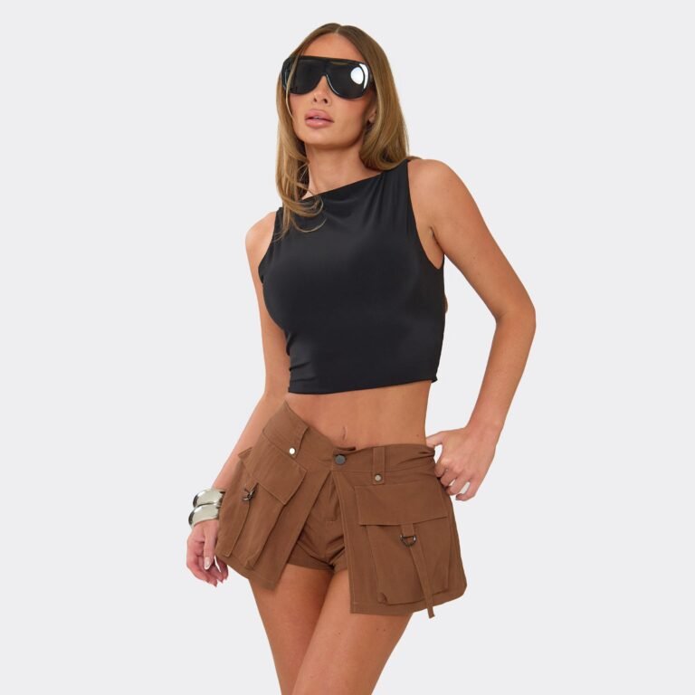 Mid Rise Oversized Pocket Detail Cargo Mini Skort In Brown, Women’s Size US 2