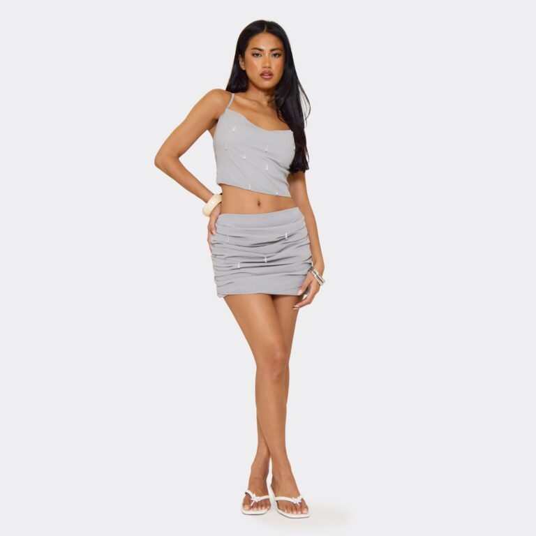 Mid Rise Ruched Droplet Bead Detail Mini Skirt In Grey, Women’s Size US 4