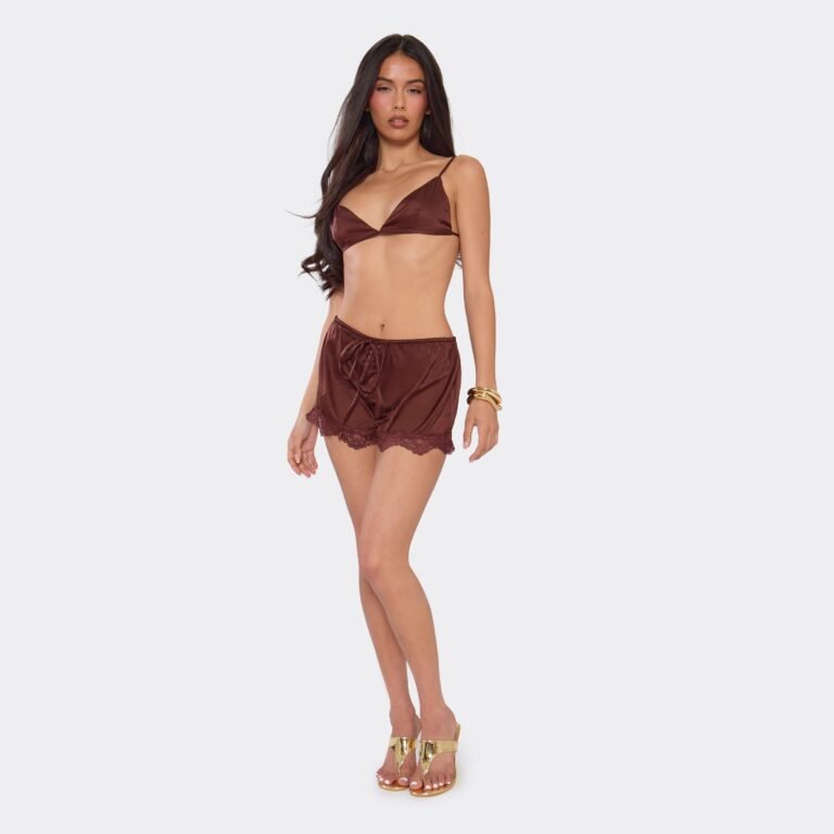 Mid Rise Tie Waist Lace Trim Mini Shorts In Chocolate Satin, Women’s Size US 2