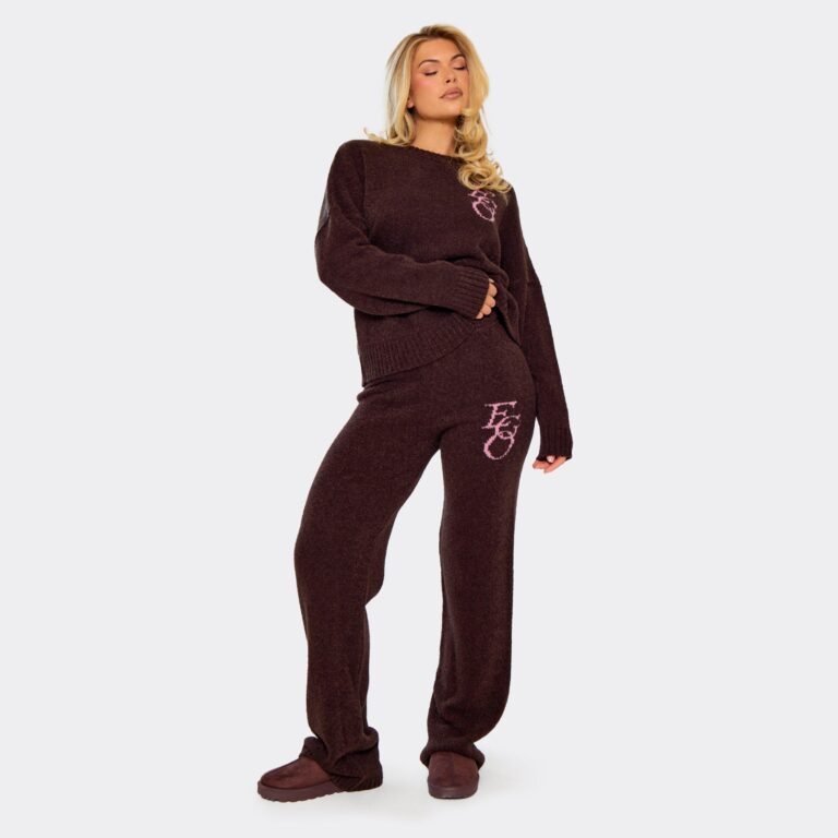 Mid Waist Ego Graphic Straight Leg Trousers In Brown Knit, Women’s Size US XS