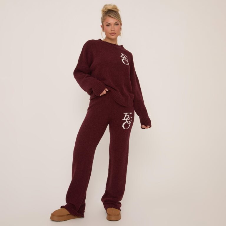 Mid Waist Ego Graphic Straight Leg Trousers In Burgundy Knit, Women’s Size US S