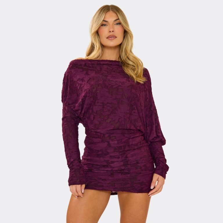 Off The Shoulder Blouson Detail Mini Dress In Plum Devore, Women’s Size US 2