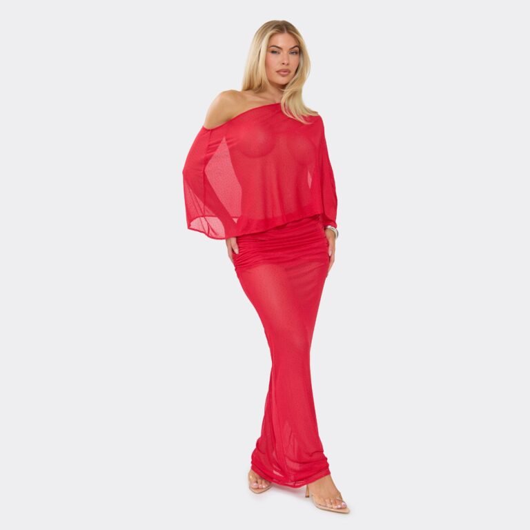 Off The Shoulder Cape Top And Ruched Maxi Skirt Co-Ord Set In Red Diamante Mesh, Women’s