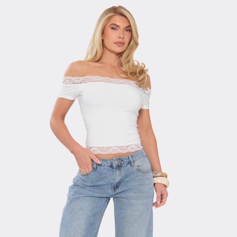 Off The Shoulder Lace Trim Top In White, Women’s Size US 2