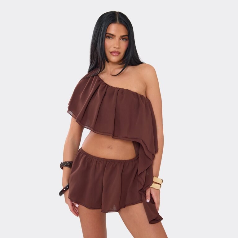 One Shoulder Ruched Frill Playsuit In Chocolate, Women’s Size US 2