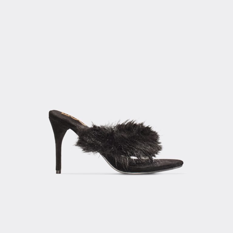 Ostara Faux Feather Thong Strap Heeled Mule In Black Faux Suede., Women’s Size US