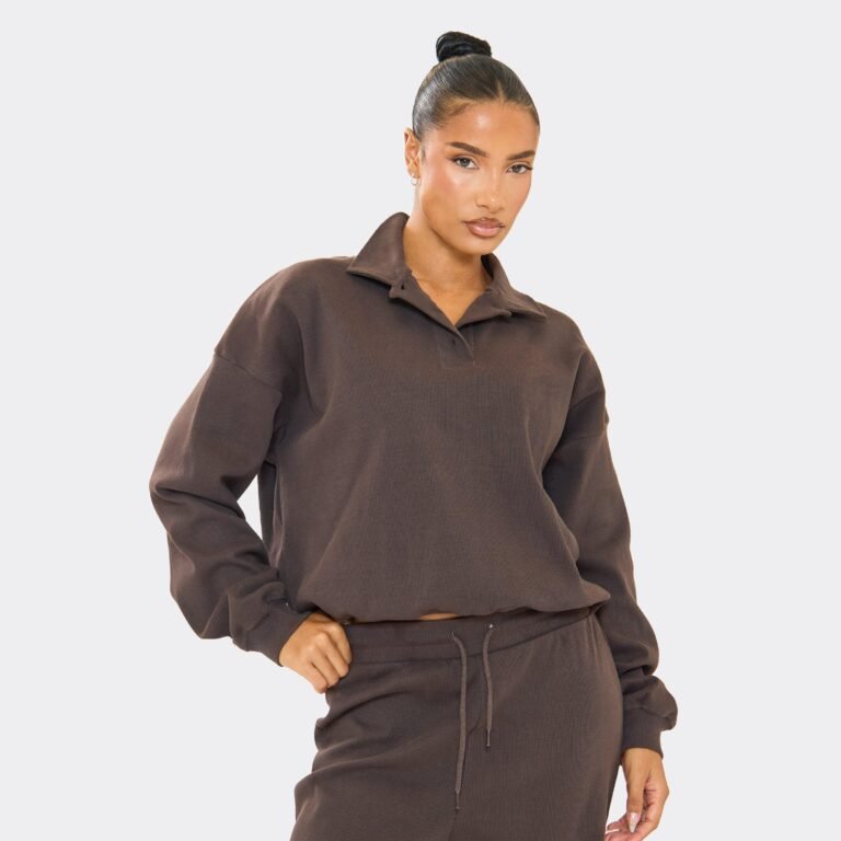 Oversized Button Polo Sweatshirt In Chocolate Brown Ribbed, Women’s Size US 2
