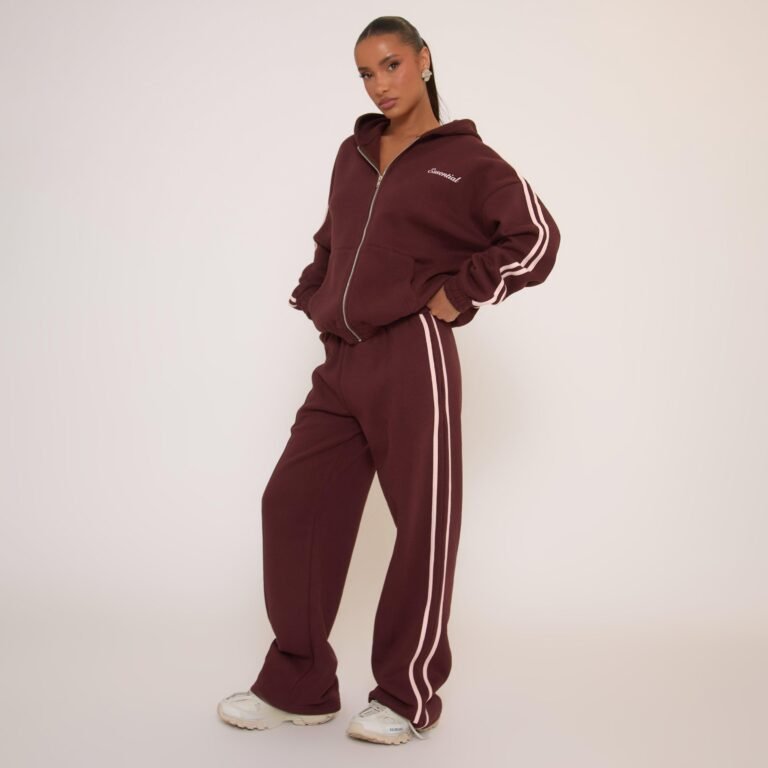 Oversized Mid Rise Contrast Stripe Wide Leg Joggers In Brown, Women’s Size US 0