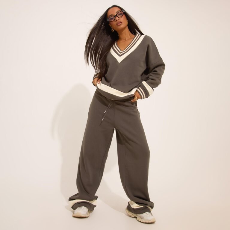 Oversized Tie Waist Contrast Stripe Wide Leg Joggers In Grey, Women’s Size US 0