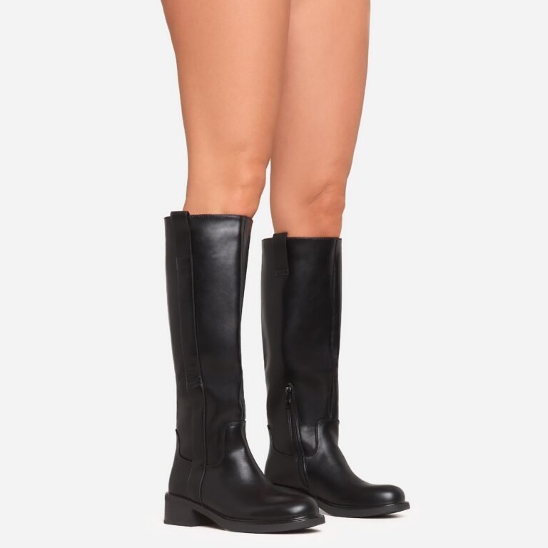 Pax Side Panel Detail Knee High Long Biker Boot In Black Faux Leather, Women’s Size US