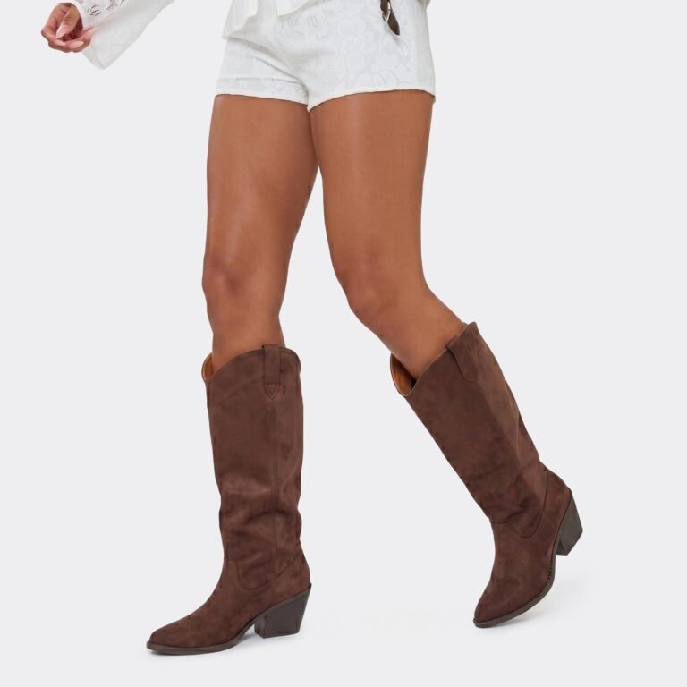 Payne Pointed Toe Knee High Western Cowboy Boot In Brown Faux Suede, Women’s Size US