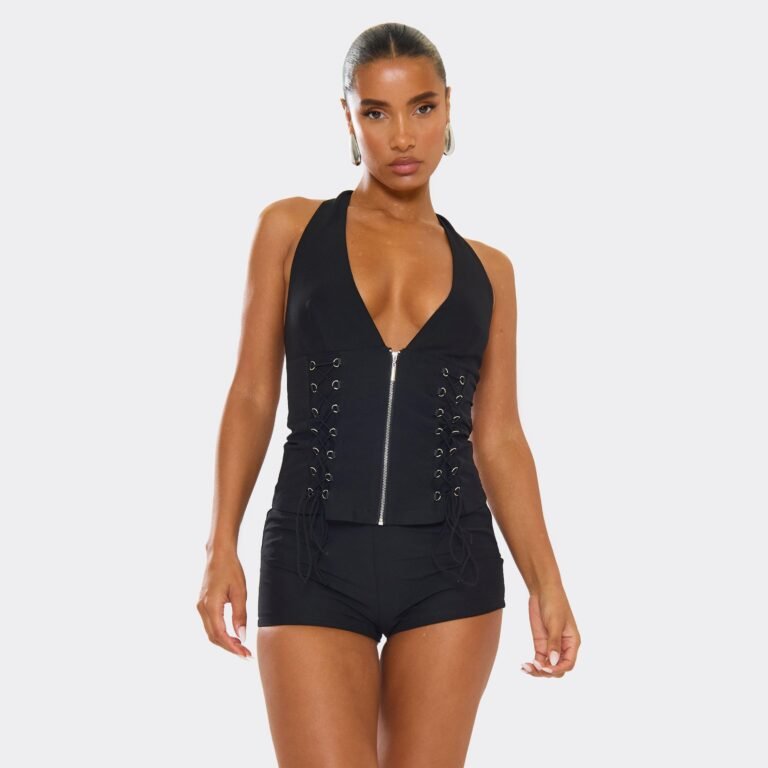 Plunge Halterneck Lace Up Zip Front Detail Top In Black, Women’s Size US 2