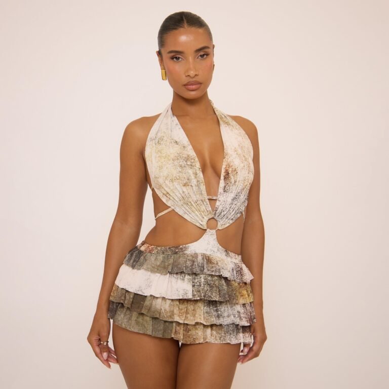 Plunge Halterneck O Ring Ruffle Detail Playsuit In Multi Print, Women’s Size US 0