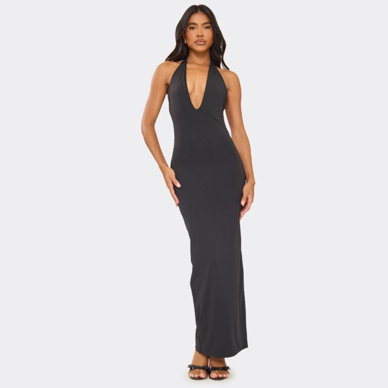 Plunge Halterneck Open Back Detail Maxi Dress In Black, Women’s Size US 10
