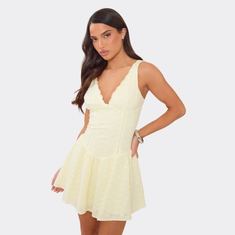 Plunge Neck Frilled Detail Dropped Waist Mini Dress In Yellow Broderie, Women’s Size US 0