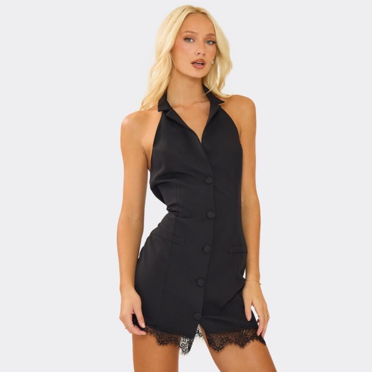 Plunge Neck Lace Trim Tailored Mini Dress In Black, Women’s Size US 4