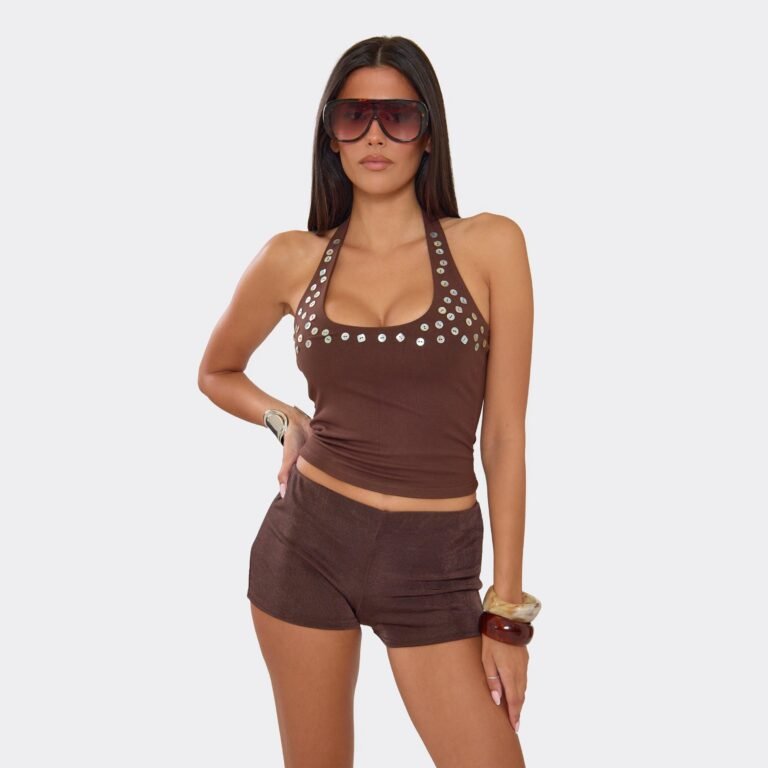 Scoop Halterneck Button Trim Detail Top In Brown Soft Touch, Women’s Size US 2