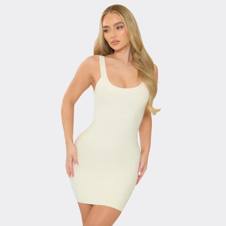 Scoop Neck Mini Dress In Cream Bandage, Women’s Size US 2