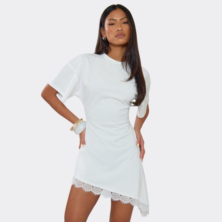 Short Sleeve Cinched Waist Asymmetric Lace Hem T-Shirt Dress In White, Women’s Size US 2