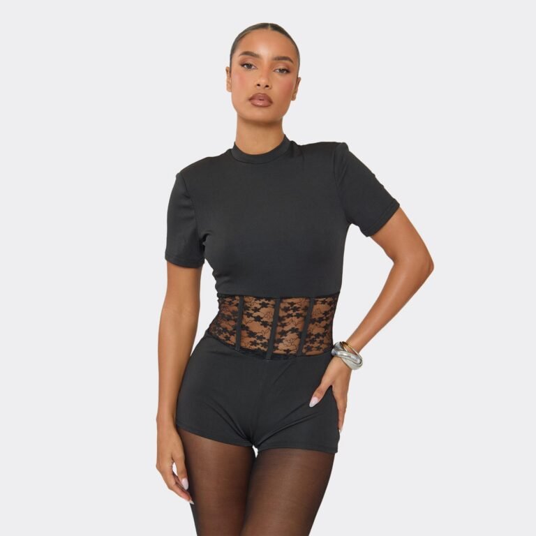 Short Sleeve Contrast Lace Boning Detail Playsuit In Black, Women’s Size US 10