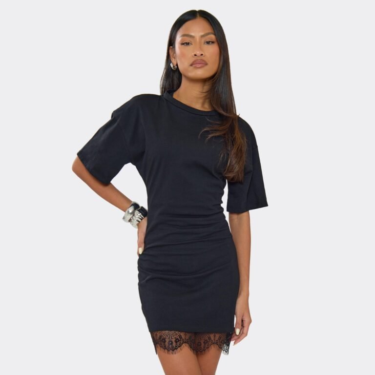 Short Sleeve Lace Trim Cinched Waist T-Shirt Dress In Black, Women’s Size US 2