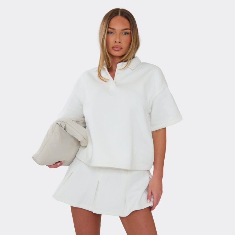 Short Sleeve Polo Collar Detail Sweatshirt In White, Women’s Size US 0