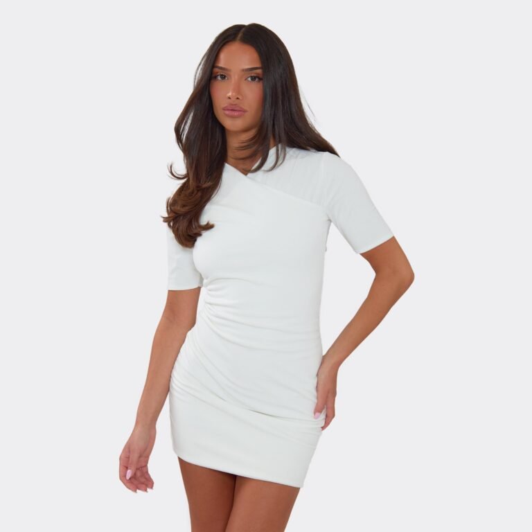 Short Sleeve Wrap Front Mini Bodycon Dress In White, Women’s Size US 0