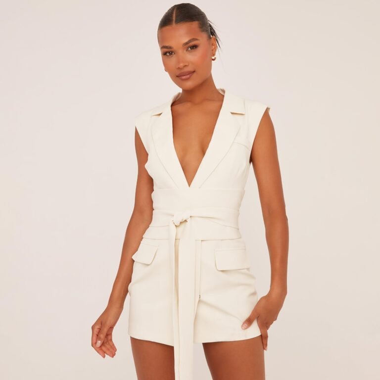 Sleeveless Belted Waist Tailored Mini Dress In Cream Woven, Women’s Size US 2