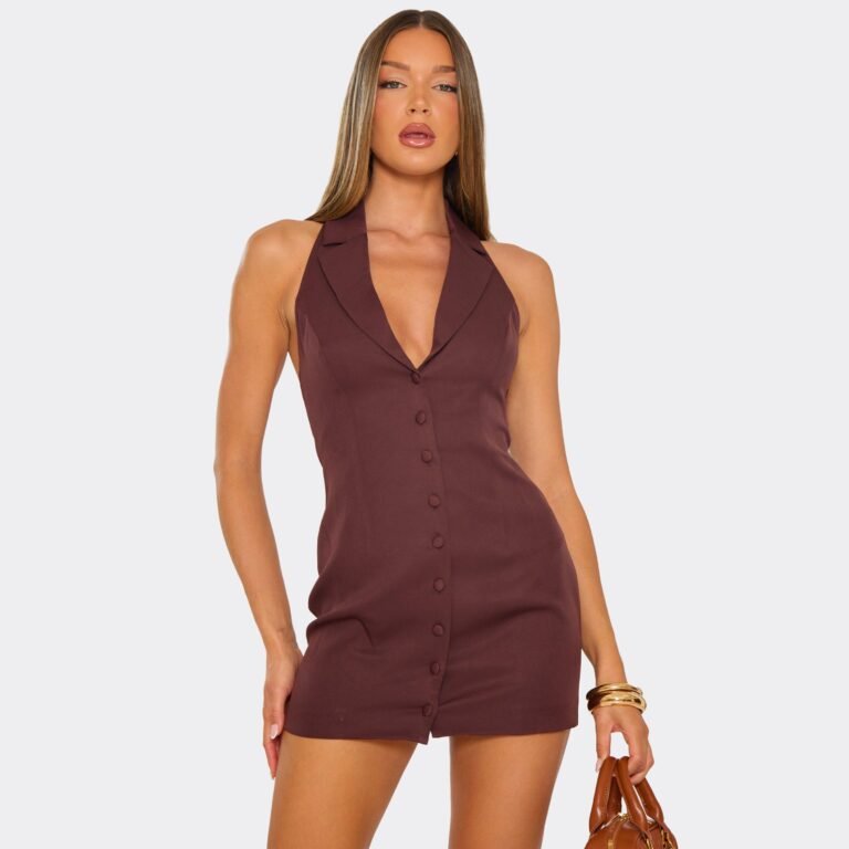 Sleeveless Plunge Halterneck Tailored Mini Dress In Chocolate Brown, Women’s Size US 8