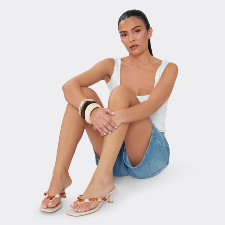 Springer Stone Beaded Detail Thong Strap Low Heeled Mule In Cream Faux Leather, Women’s