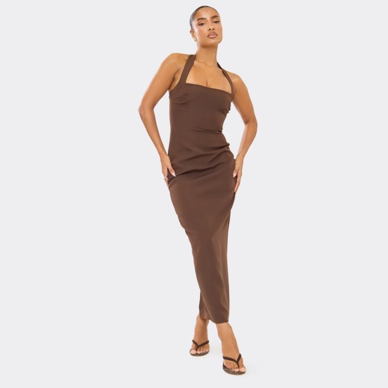 Square Neck Bodycon Midaxi Dress In Chocolate Brown Woven, Women’s Size US 2