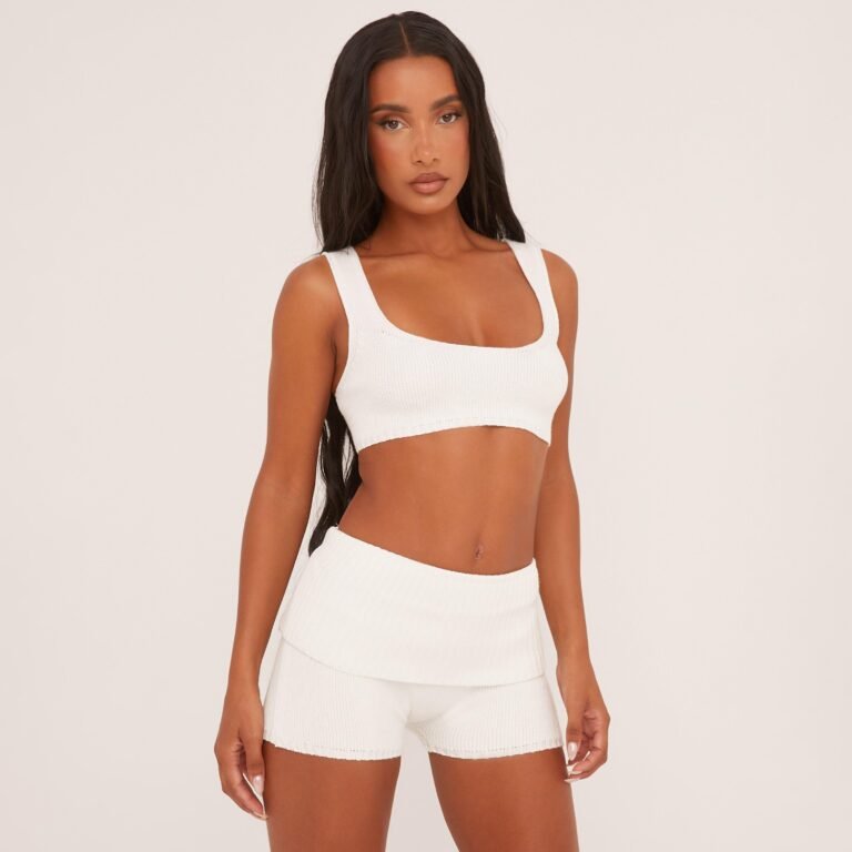 Square Neck Crop Top And Fold Over Waistband Shorts Co-Ord Set In White Knit, Women’s