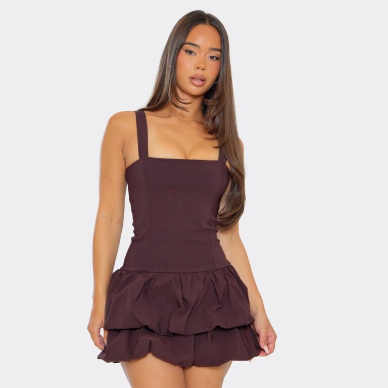 Square Neck Double Puffball Mini Dress In Chocolate Brown, Women’s Size US 4