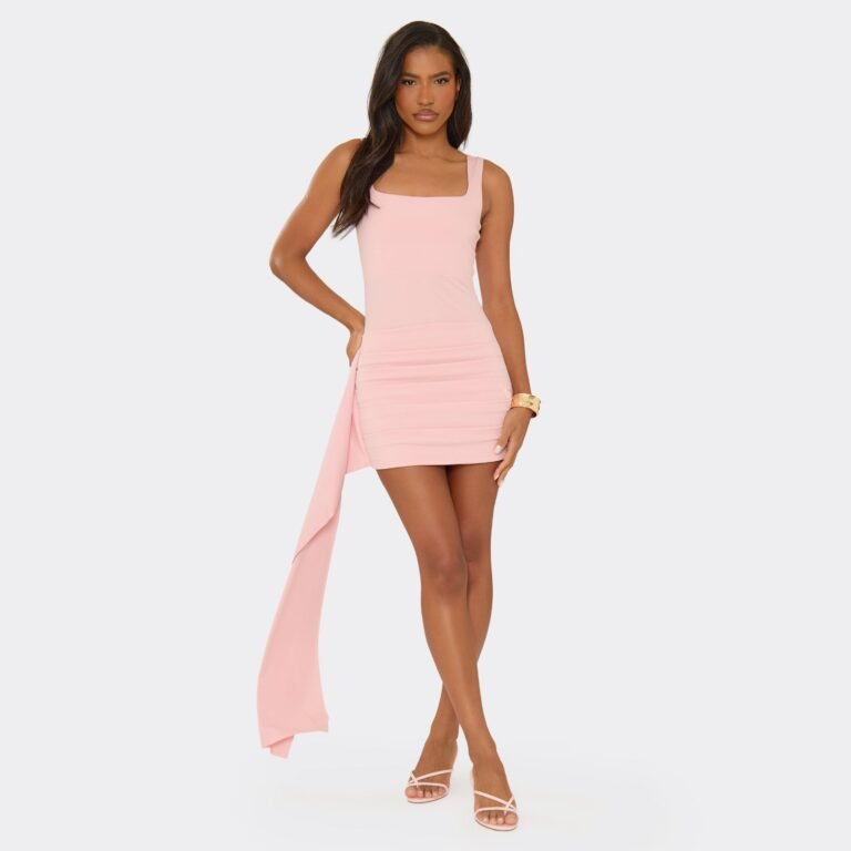 Square Neck Drape Front Detail Mini Dress In Baby Pink, Women’s Size US 4