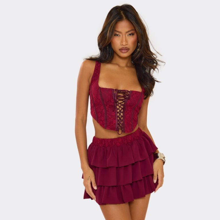 Square Neck Lace Up Front Structured Corset Top In Burgundy, Women’s Size US 4