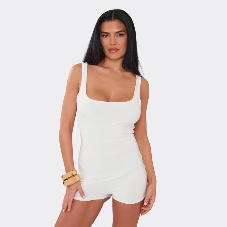 Square Neck Scoop Back Playsuit In White Slinky, Women’s Size US 2
