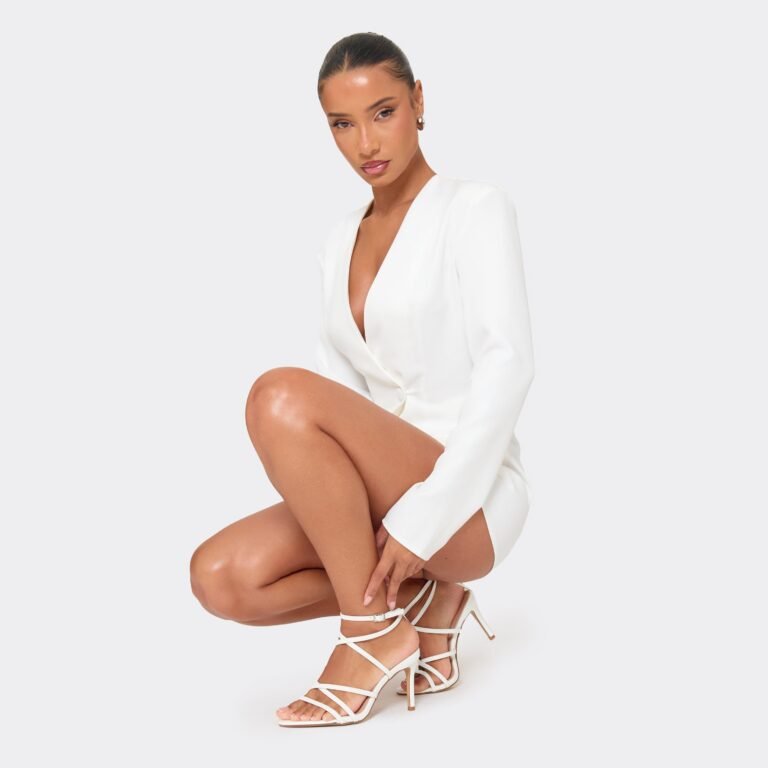 Stone Strappy Detail Pointed Toe Stiletto Heel In White Patent, Women’s Size US
