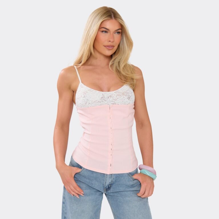 Strappy Contrast Lace Hook And Eye Corset Top In Baby Pink, Women’s Size US 2